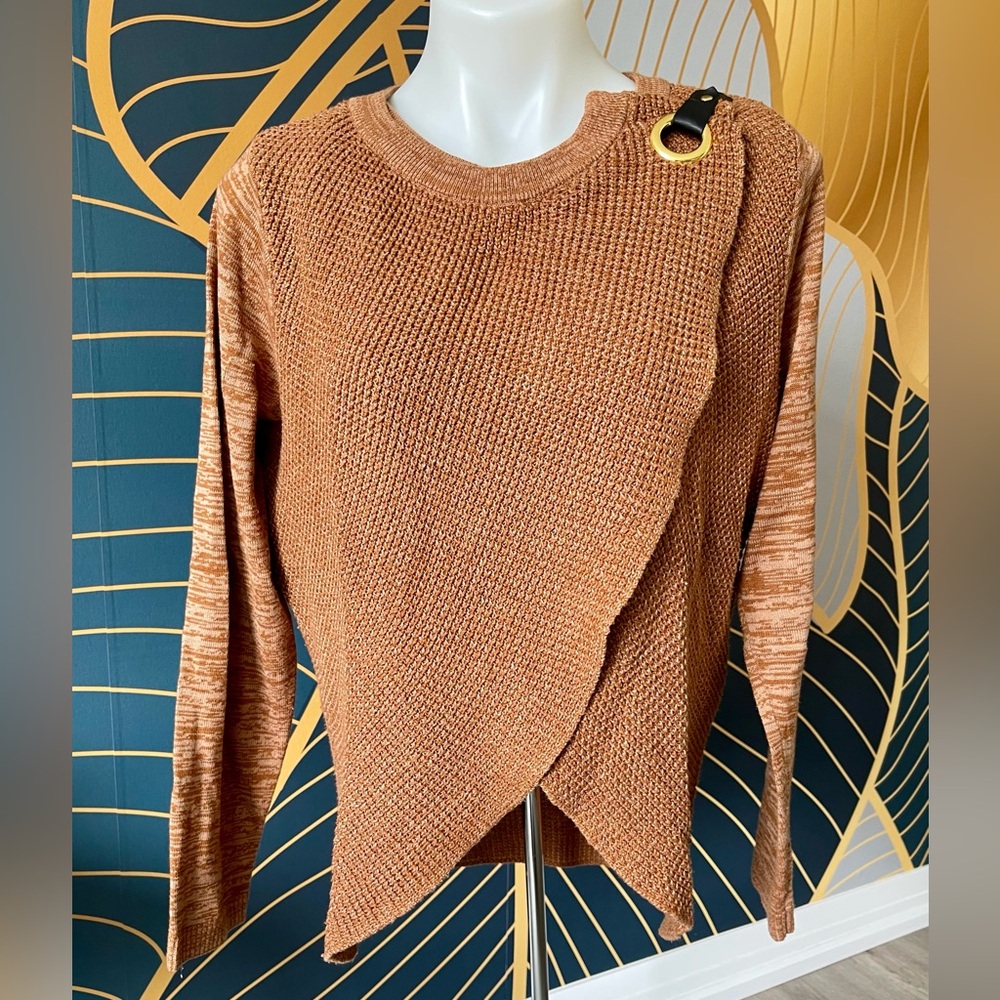 Heather Ginger Knit Layered Wrap Sweater" / Crossover/Wrap Buckle